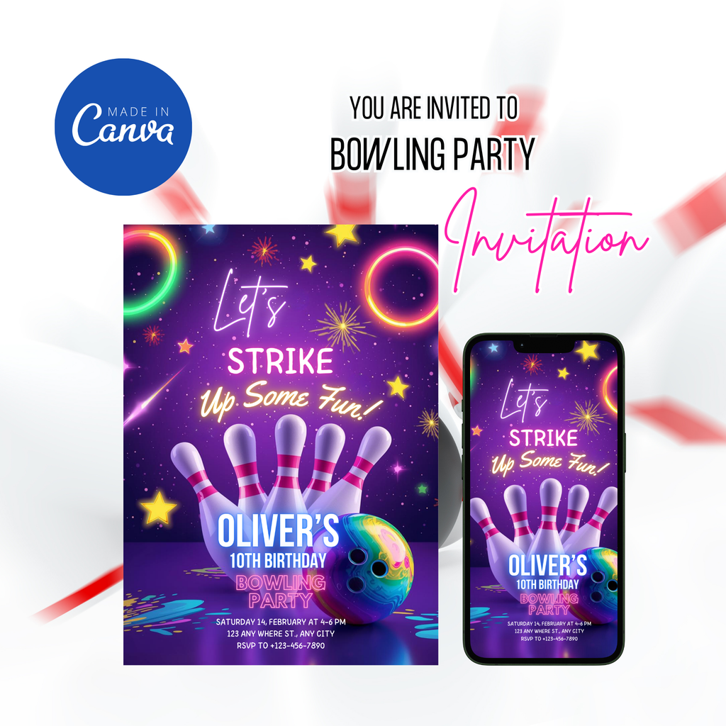 Bowling birthday invitation template for kids party theme