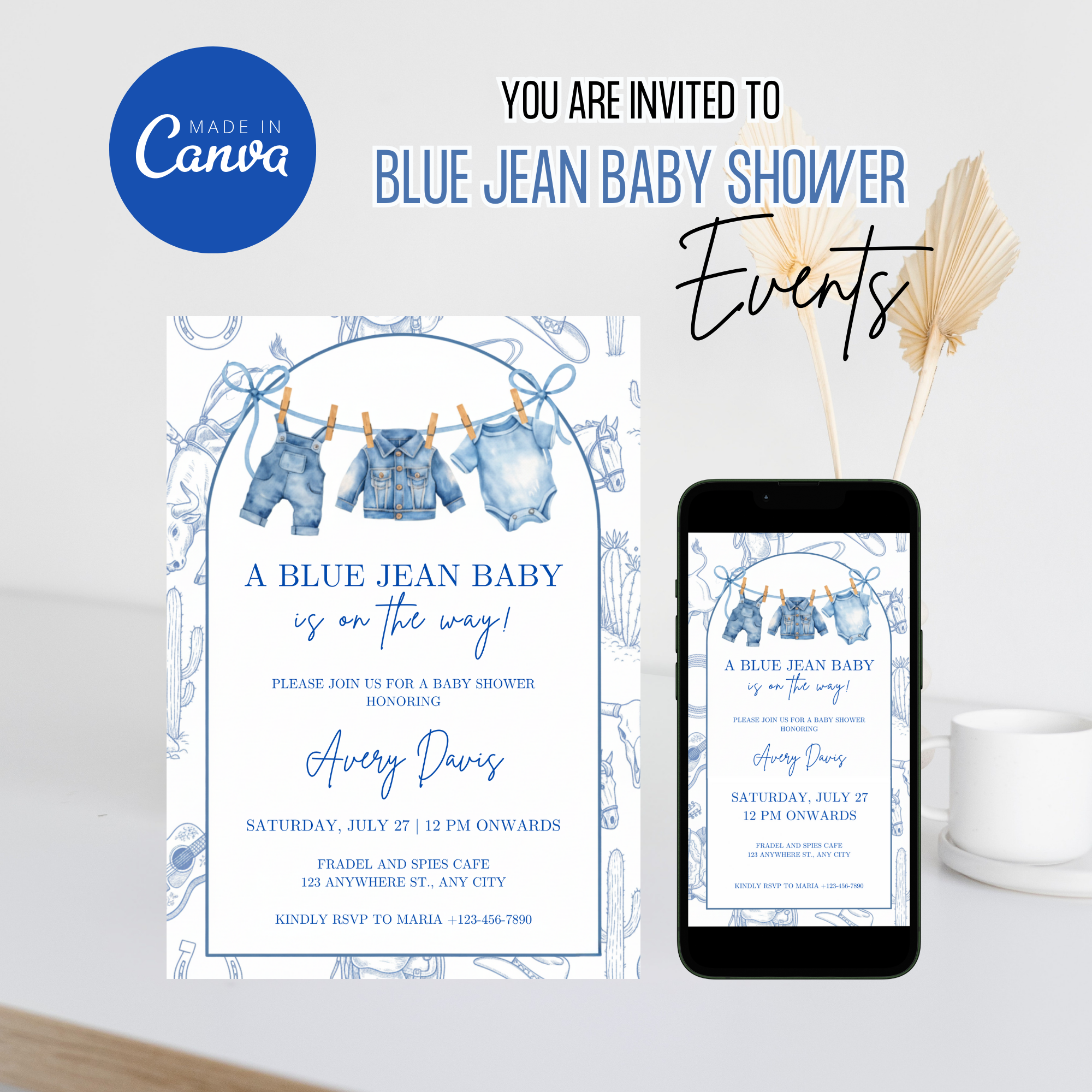 Blue Jean Baby Shower Invitation with denim texture and blue tones