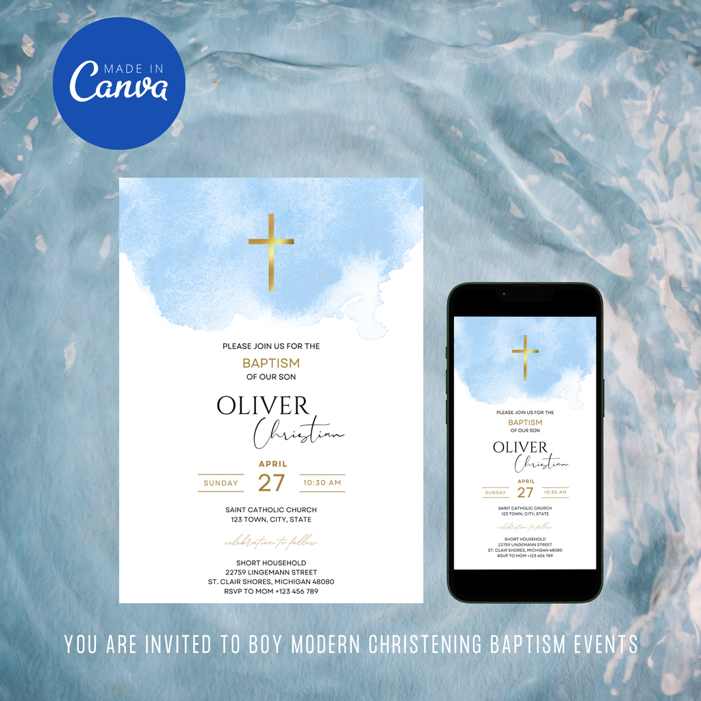 Boy baptism invitation with blue cross and elegant typography