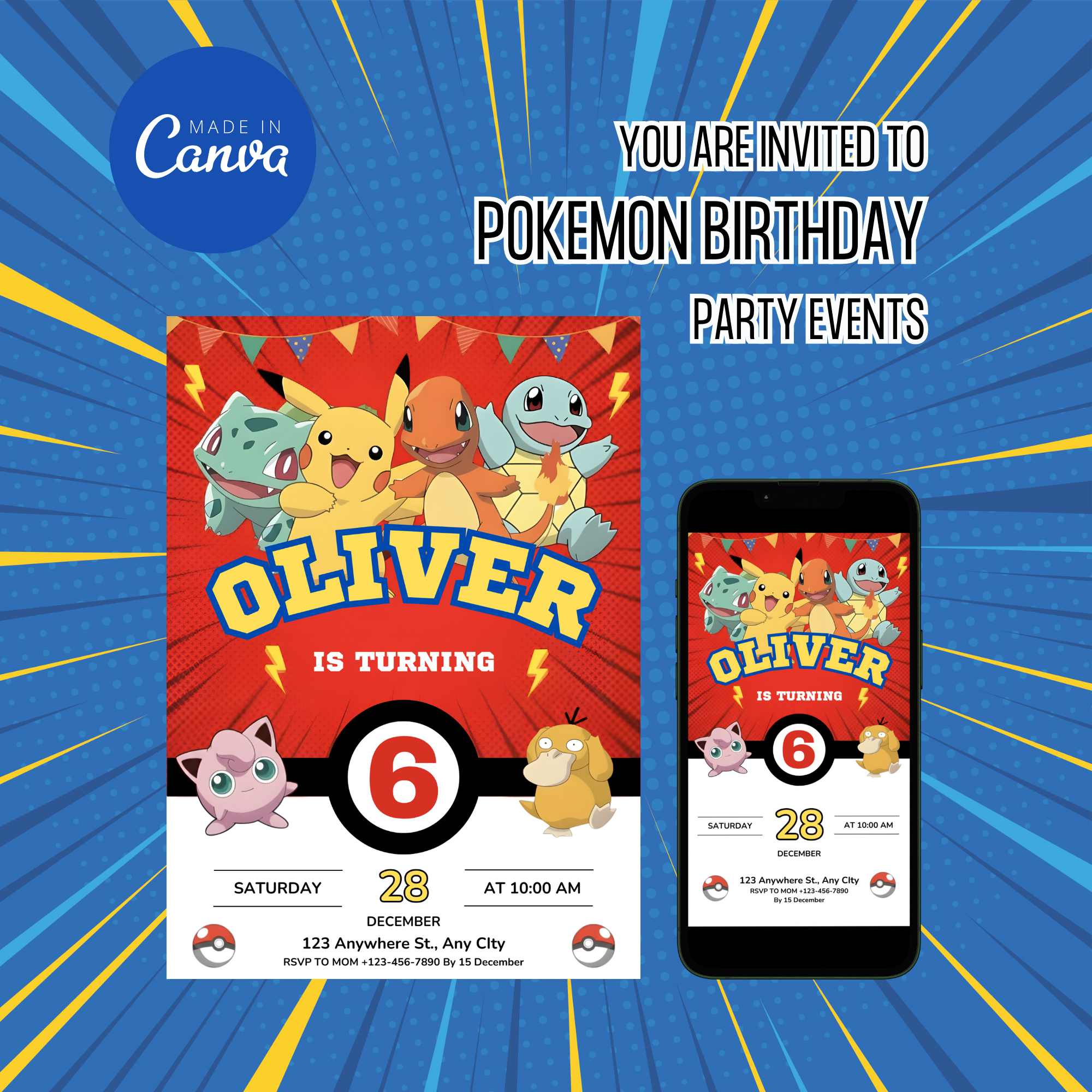 Pokemon birthday invitation with Pikachu theme