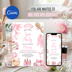 Pink spa party invitation for 6 year old girl editable in Canva