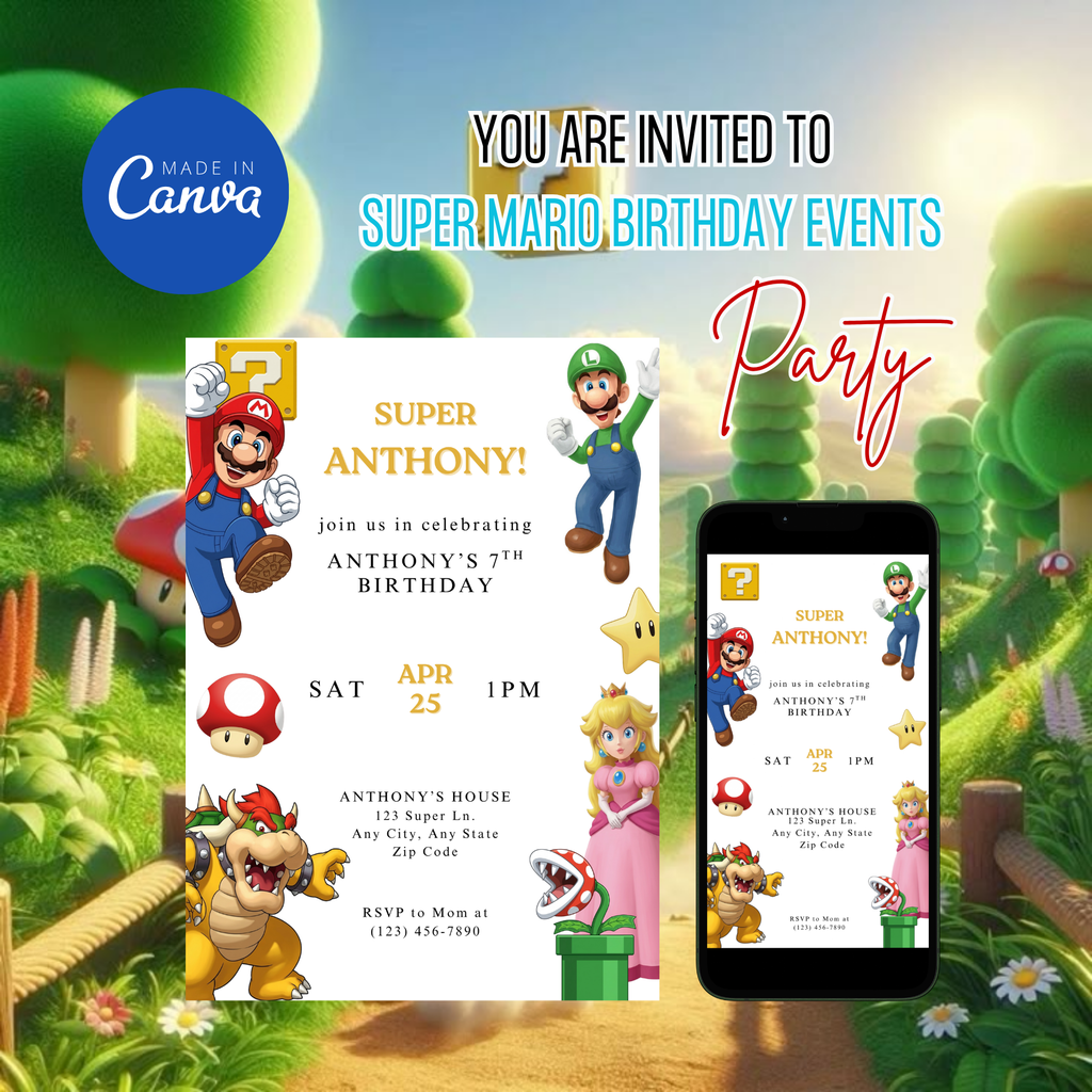 Printable Super Mario birthday invitation design for boys birthday