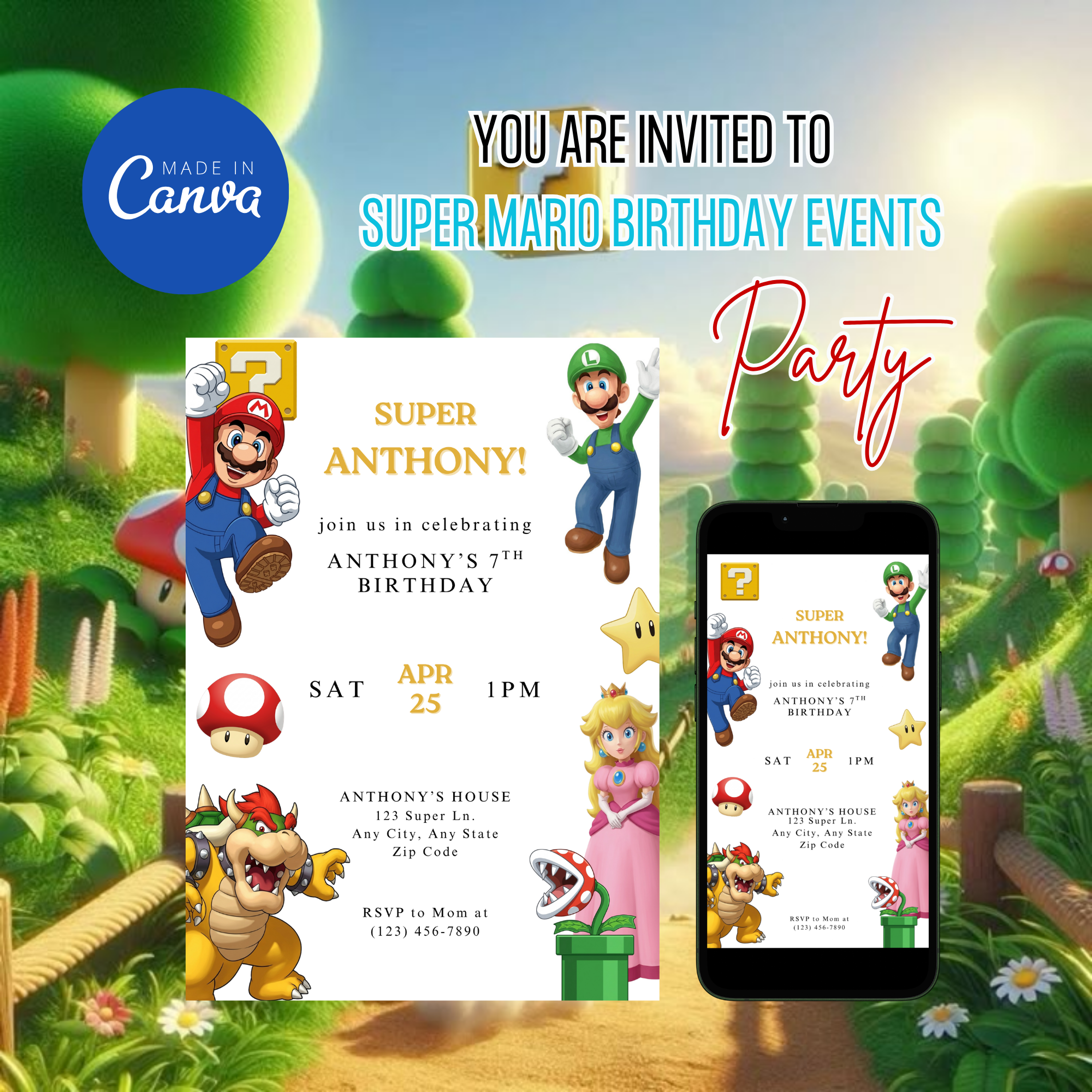 Printable Super Mario birthday invitation design for boys birthday