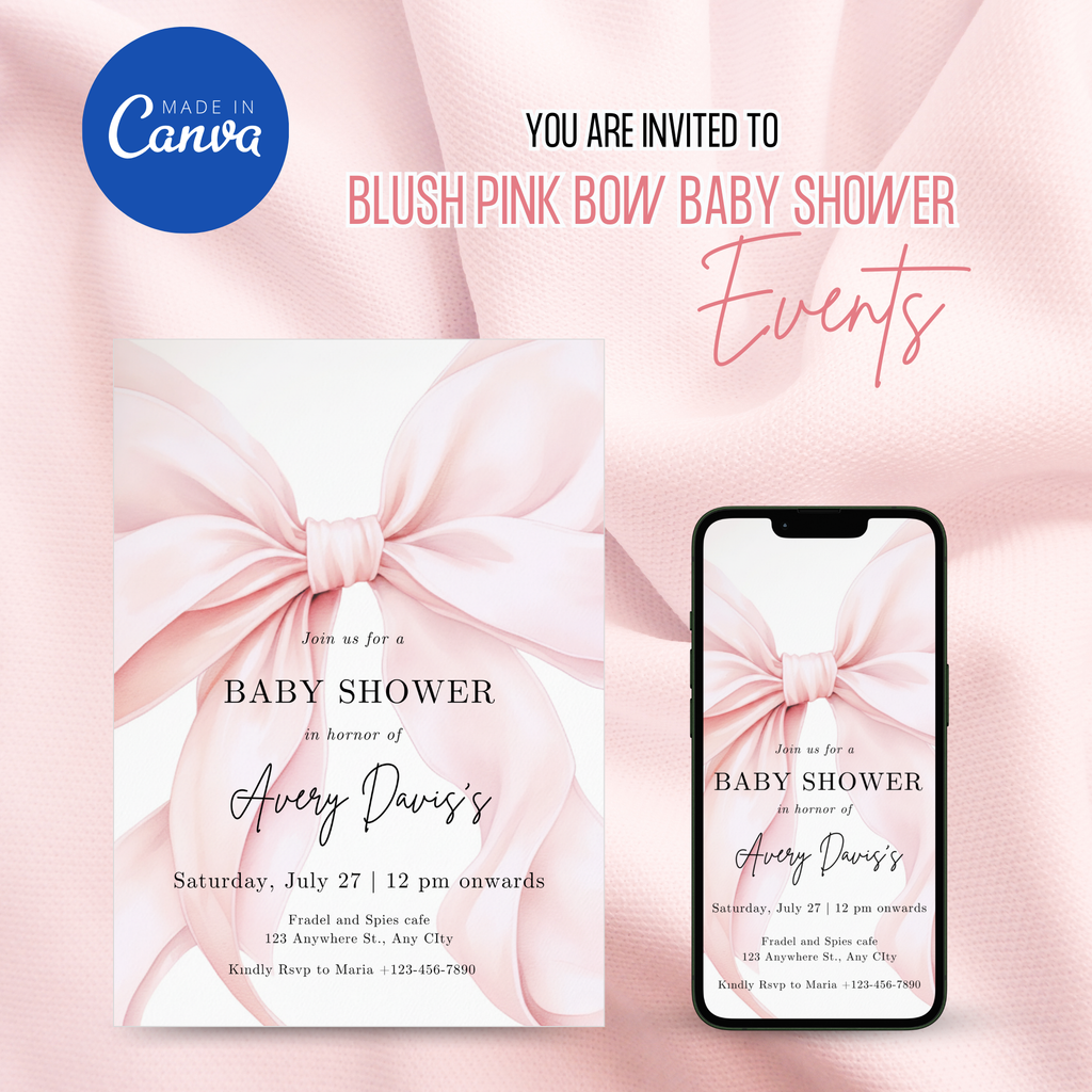 Blush Pink Bow Baby Shower Invitation Template with soft pink background and elegant bow design