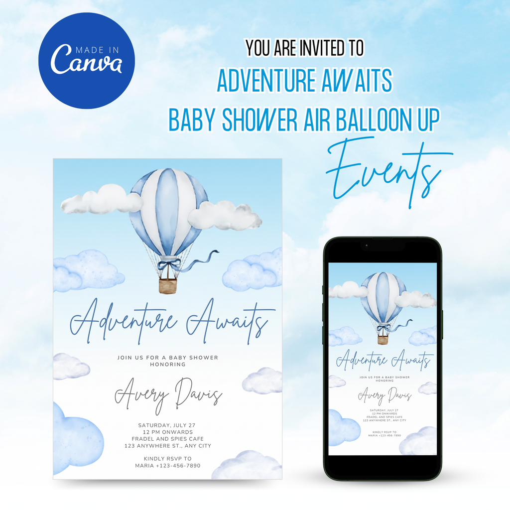 Adventure Awaits Baby Shower Invitation Air Balloon Up with pastel hot air balloons