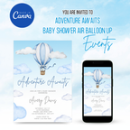 Adventure Awaits Baby Shower Invitation Air Balloon Up with pastel hot air balloons