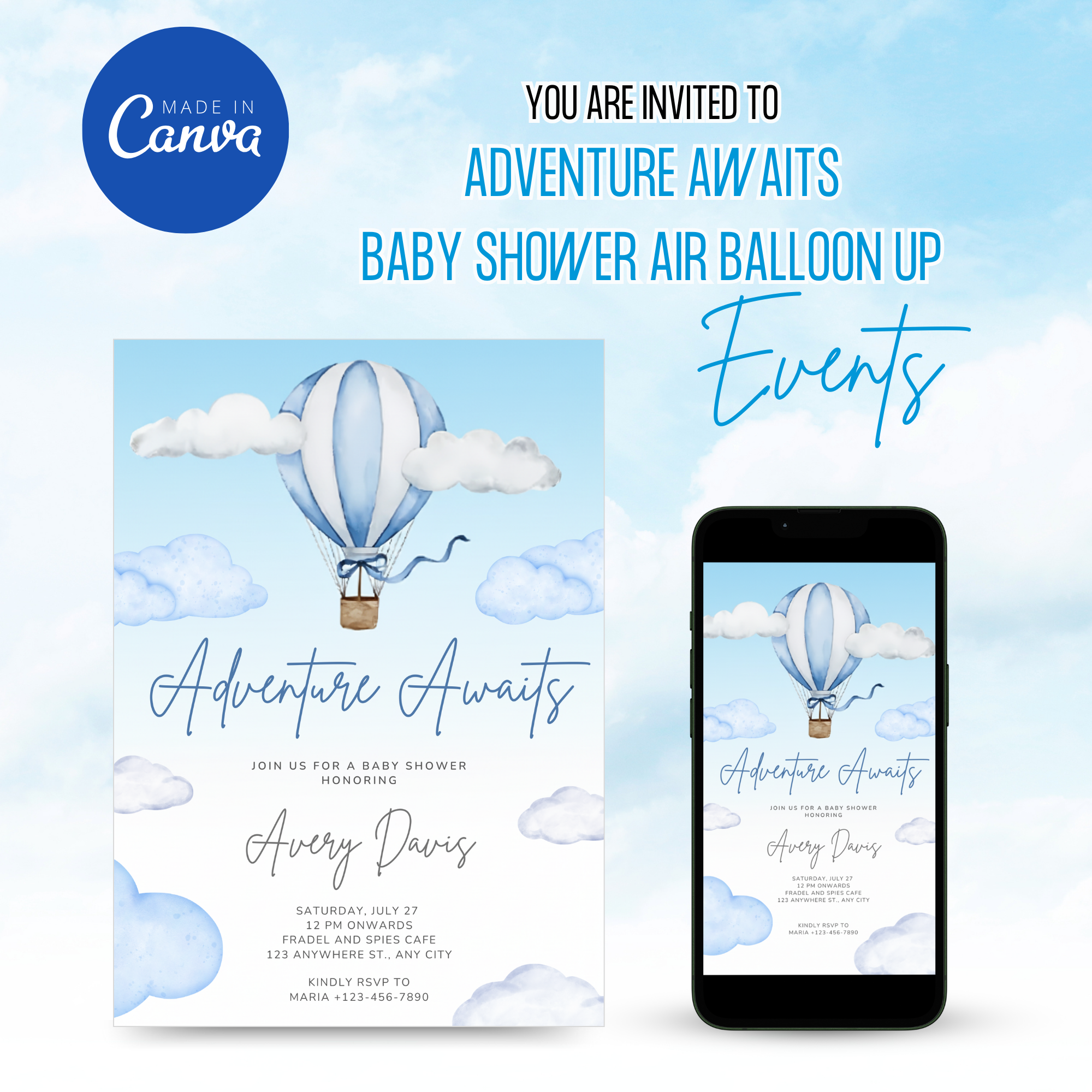 Adventure Awaits Baby Shower Invitation Air Balloon Up with pastel hot air balloons