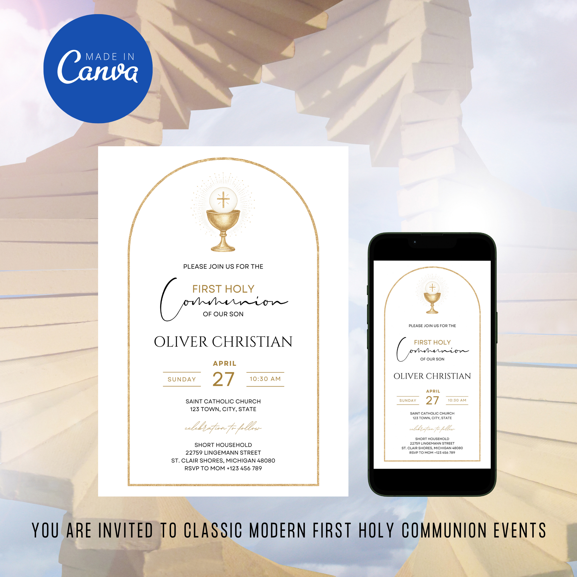 Elegant First Holy Communion invitation with soft neutral colors and religious design