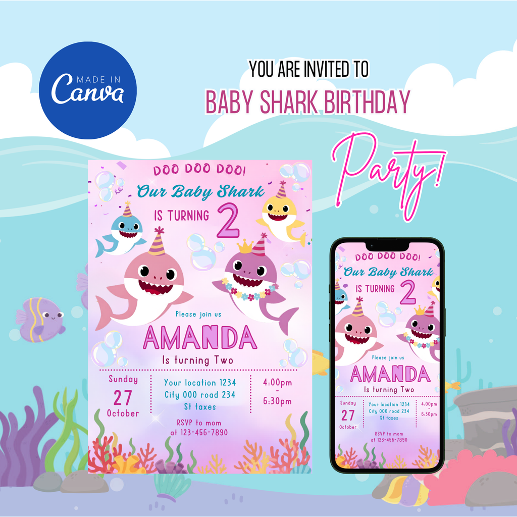 Printable Baby Shark birthday party invitation with ocean theme