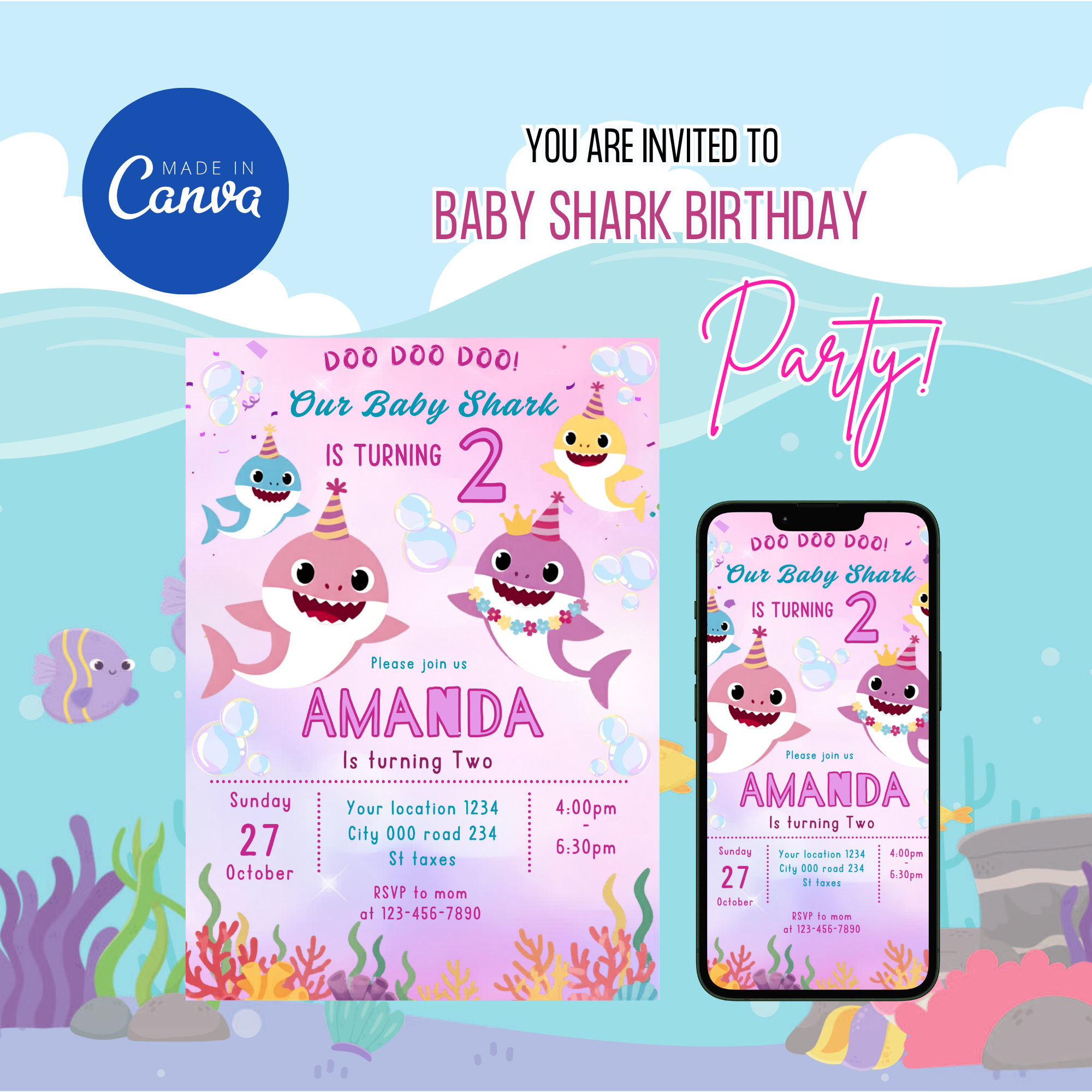 Printable Baby Shark birthday party invitation with ocean theme