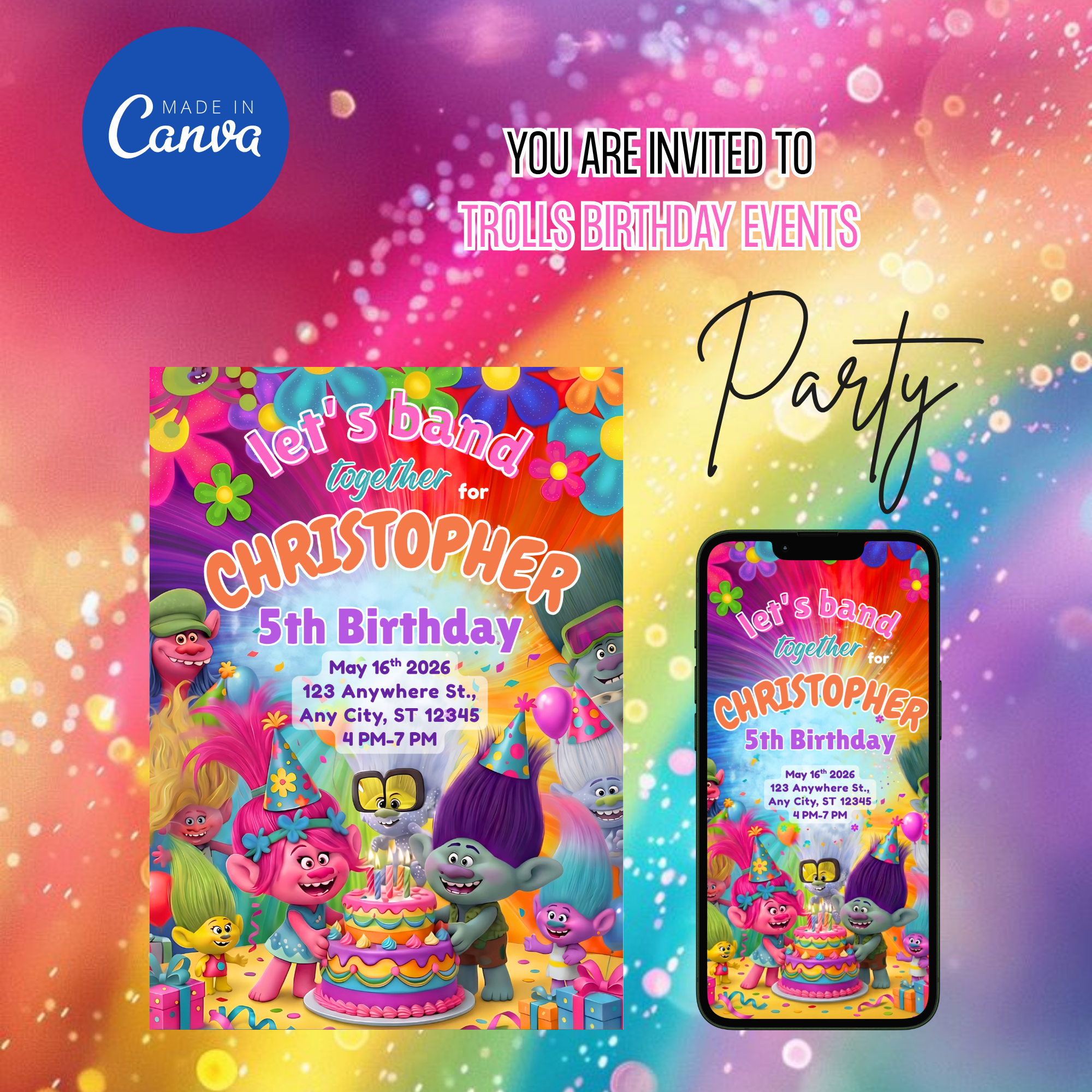Poppy trolls party invitation pink glitter theme