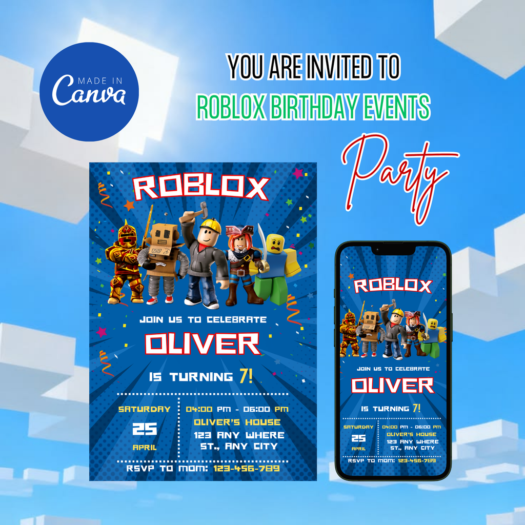 Editable Roblox birthday invitation Canva design