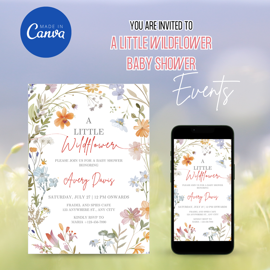 A Little Wildflower Baby Shower Invitation with soft watercolor flowers and greenery