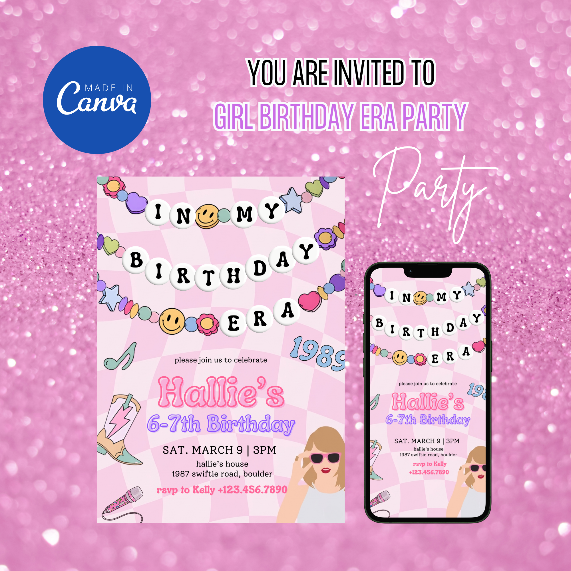 Trendy kids birthday invitation era theme editable Canva template