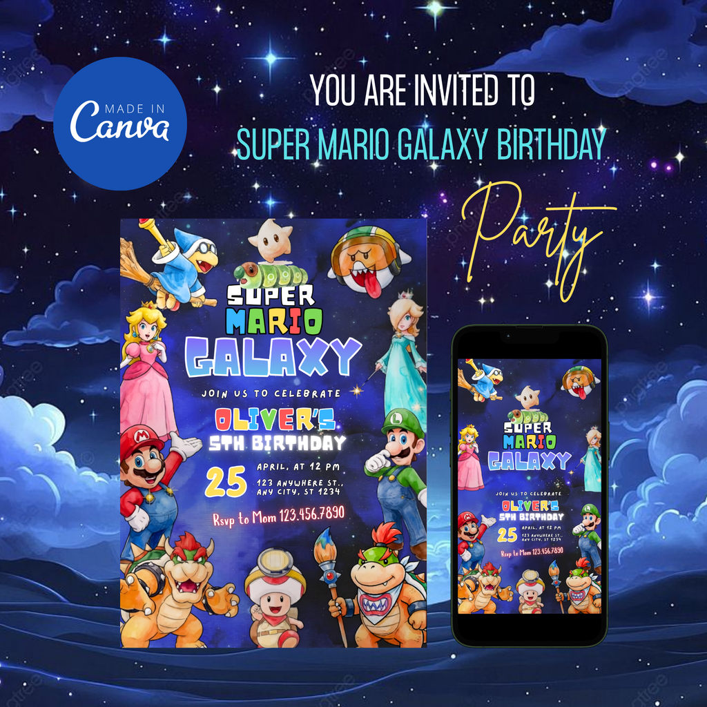 Editable Mario Galaxy party invite Canva design