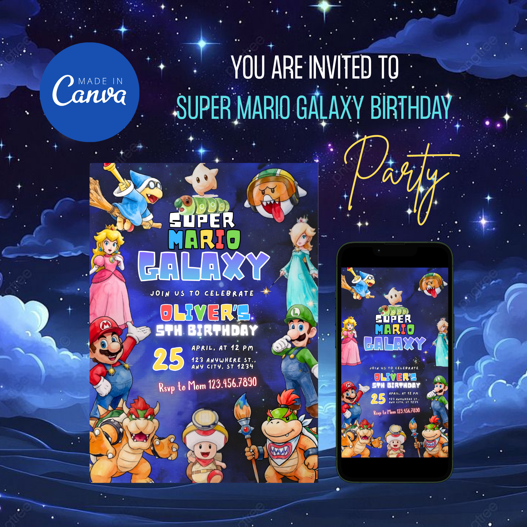 Editable Mario Galaxy party invite Canva design