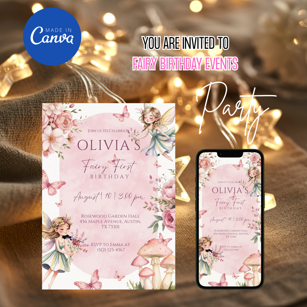 editable fairy birthday invitation canva template