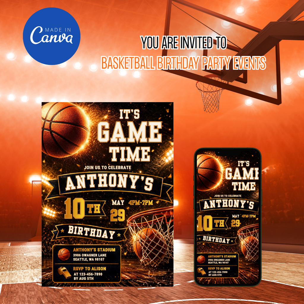 Editable basketball birthday invitation in Canva