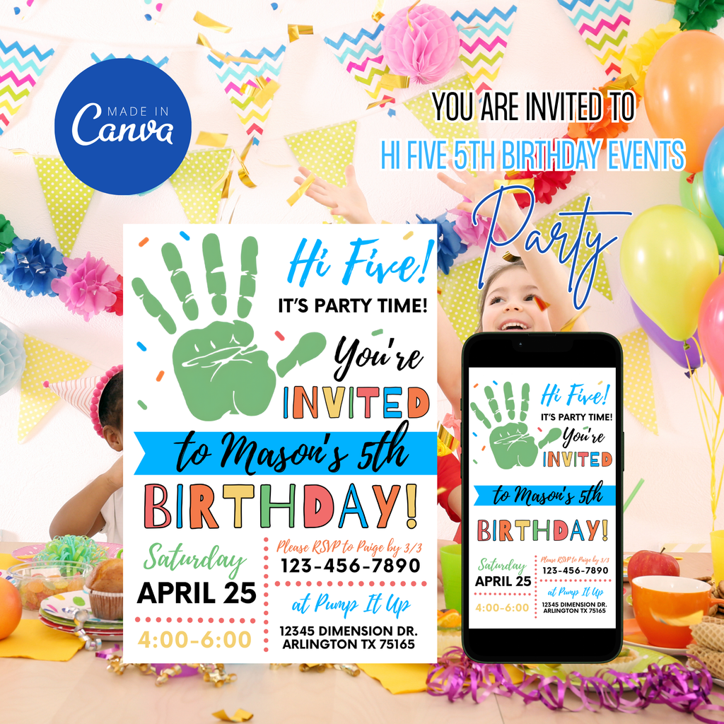 Editable Canva 5th birthday invitation high five theme
