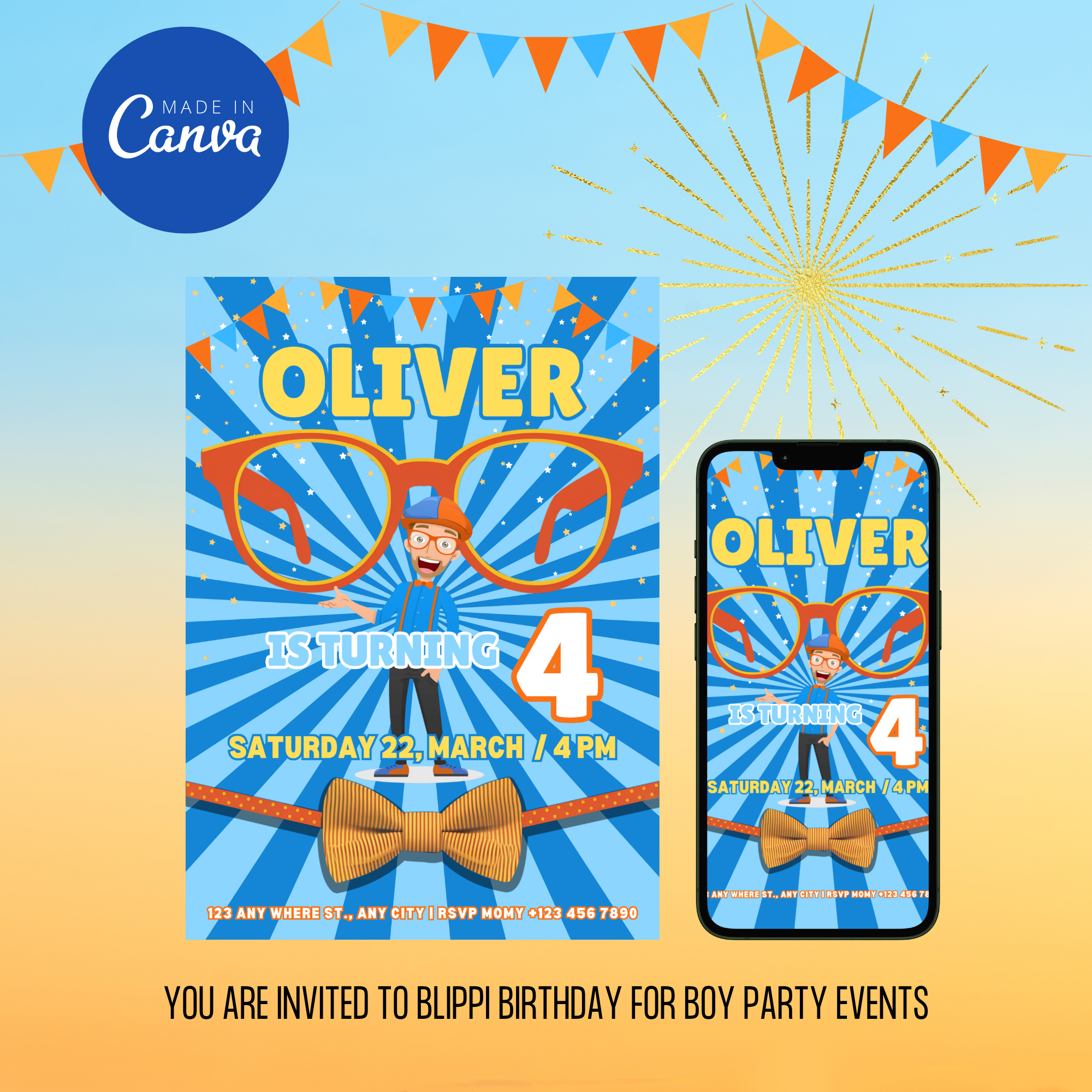 Editable Blippi invitation Canva template kids party