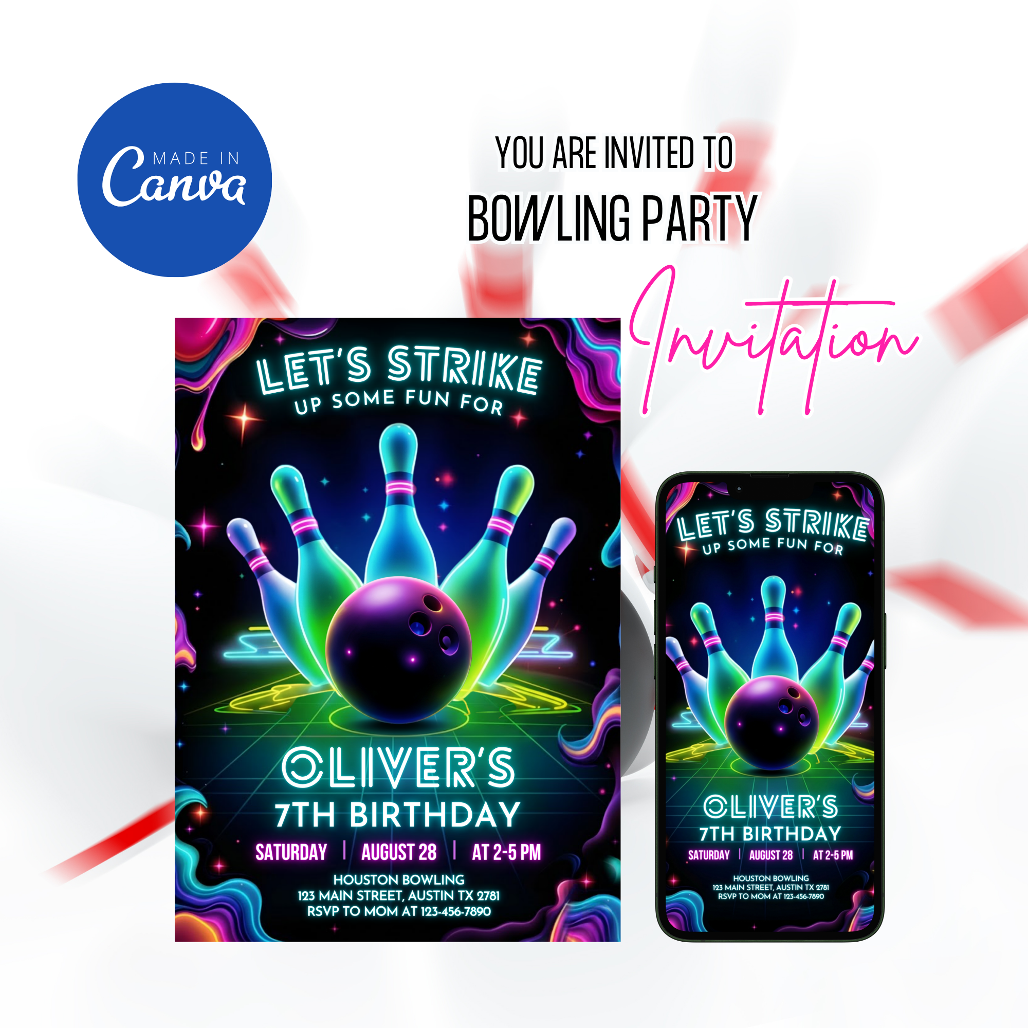 kids bowling party invitation editable canva design