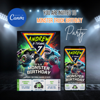 editable monster truck party invite canva design