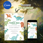 Three Rex Birthday Invitation with cute T-Rex illustration for a 3rd birthday party
