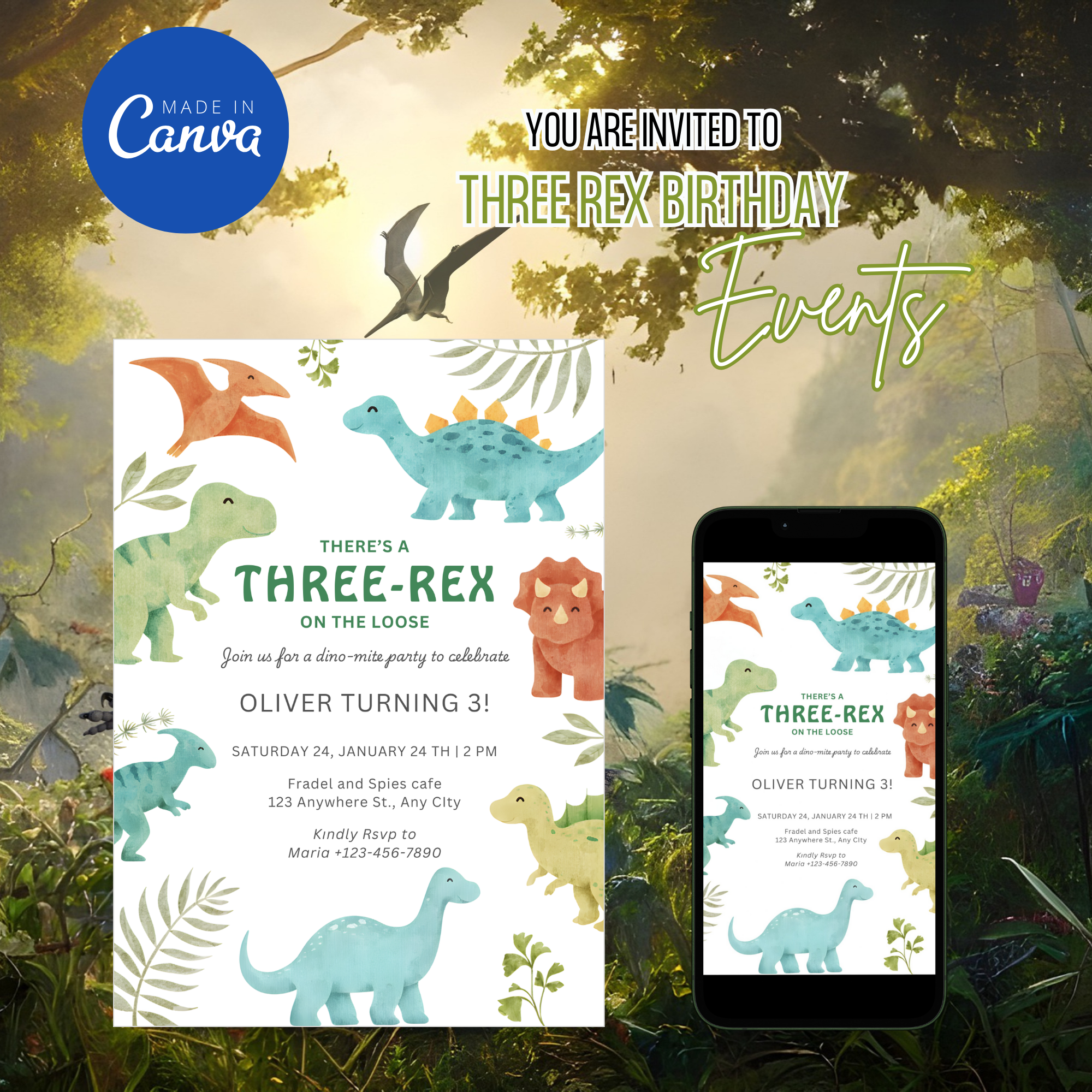 Three Rex Birthday Invitation with cute T-Rex illustration for a 3rd birthday party