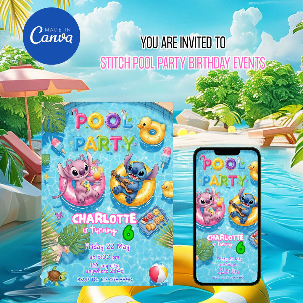 Tropical Stitch birthday invitation for kids pool party