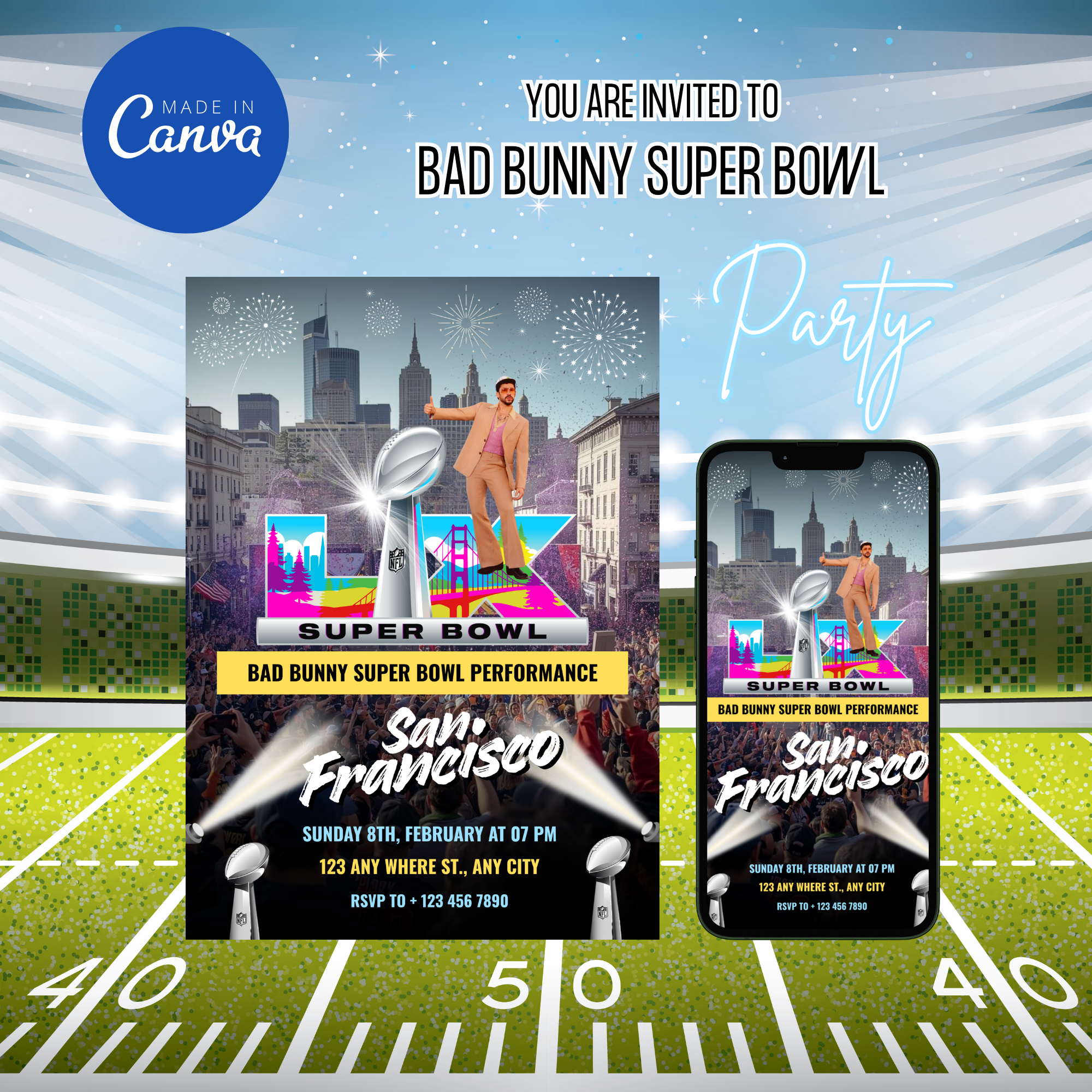 Editable Canva template for 2026 Bad Bunny Super Bowl party invitation