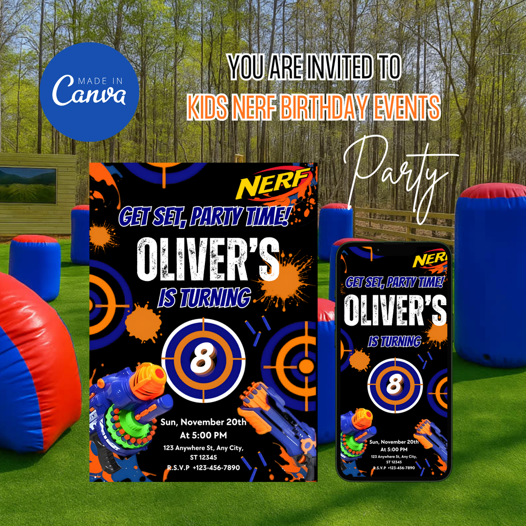 nerf party invitation for kids blue orange design