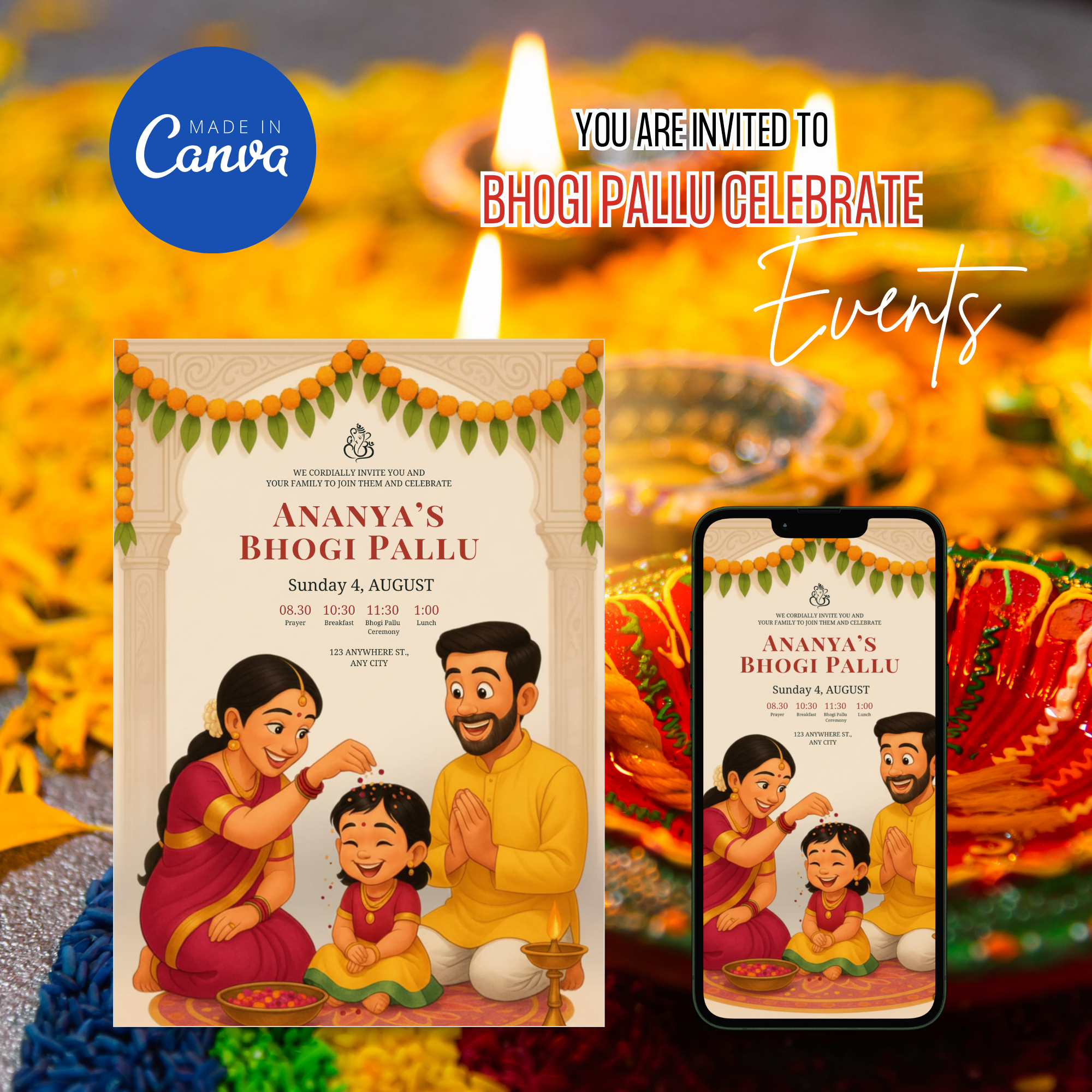 Bhogi Pallu invitation with traditional South Indian festive design