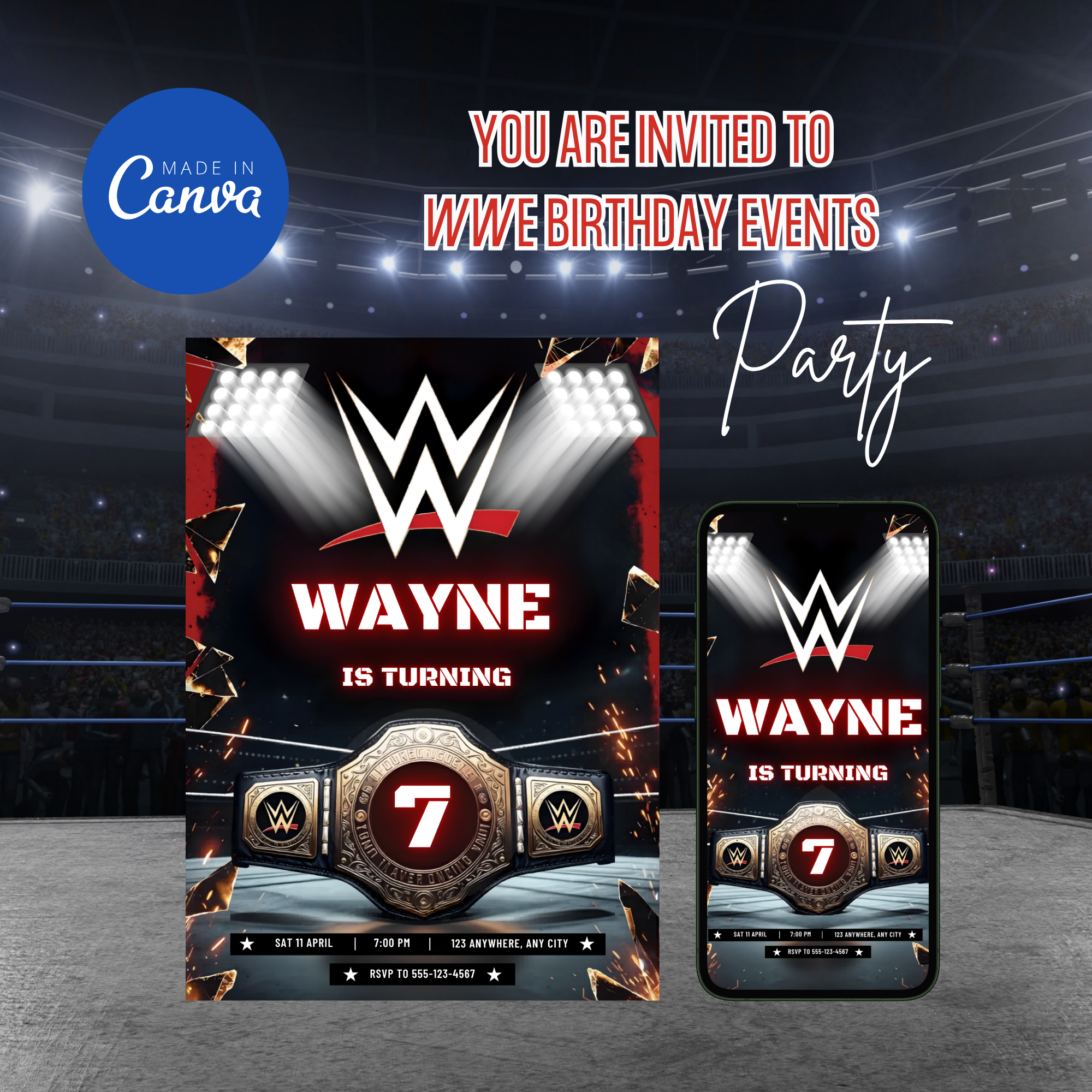 Wrestling theme birthday invitation Canva template