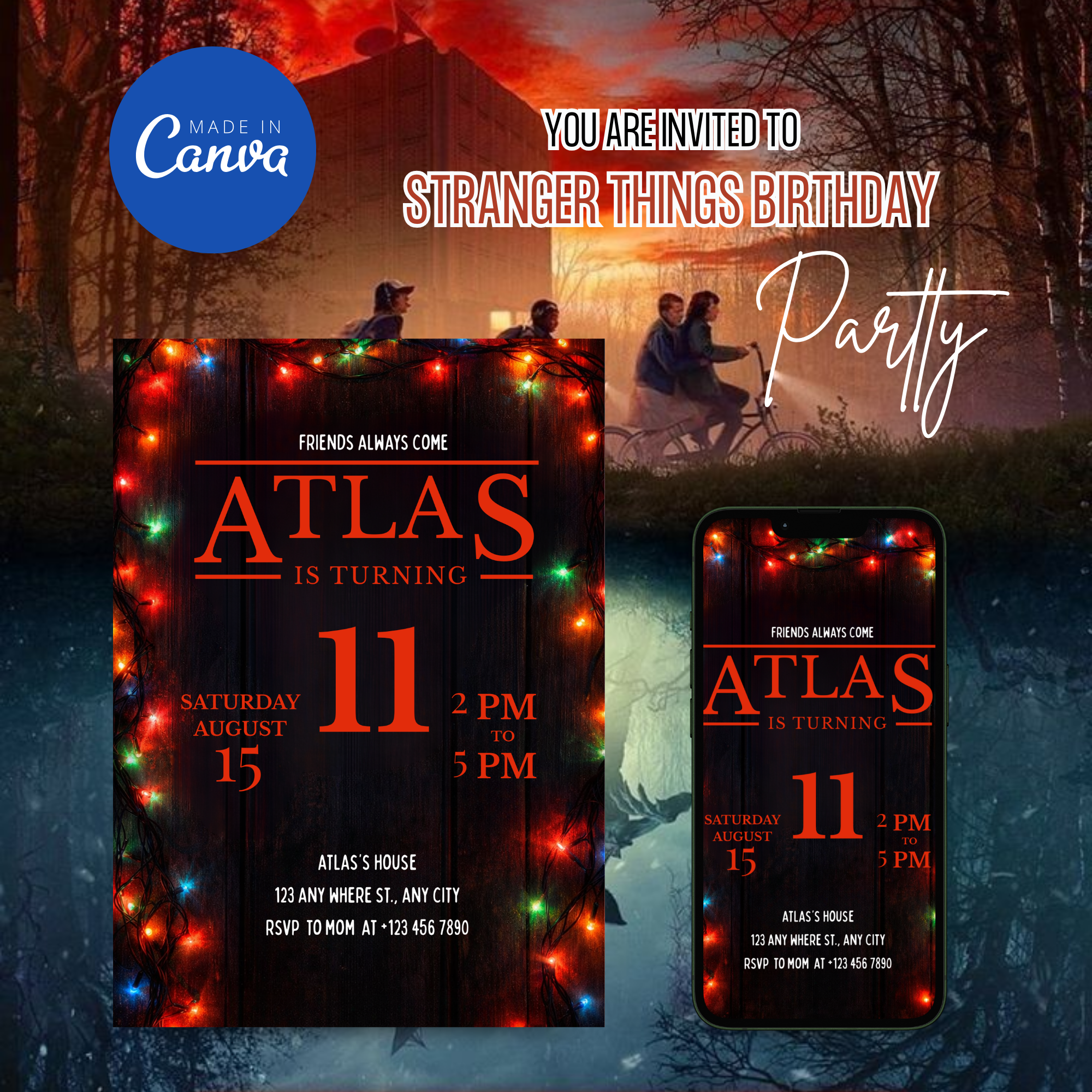 Editable Stranger Things birthday invitation Canva template