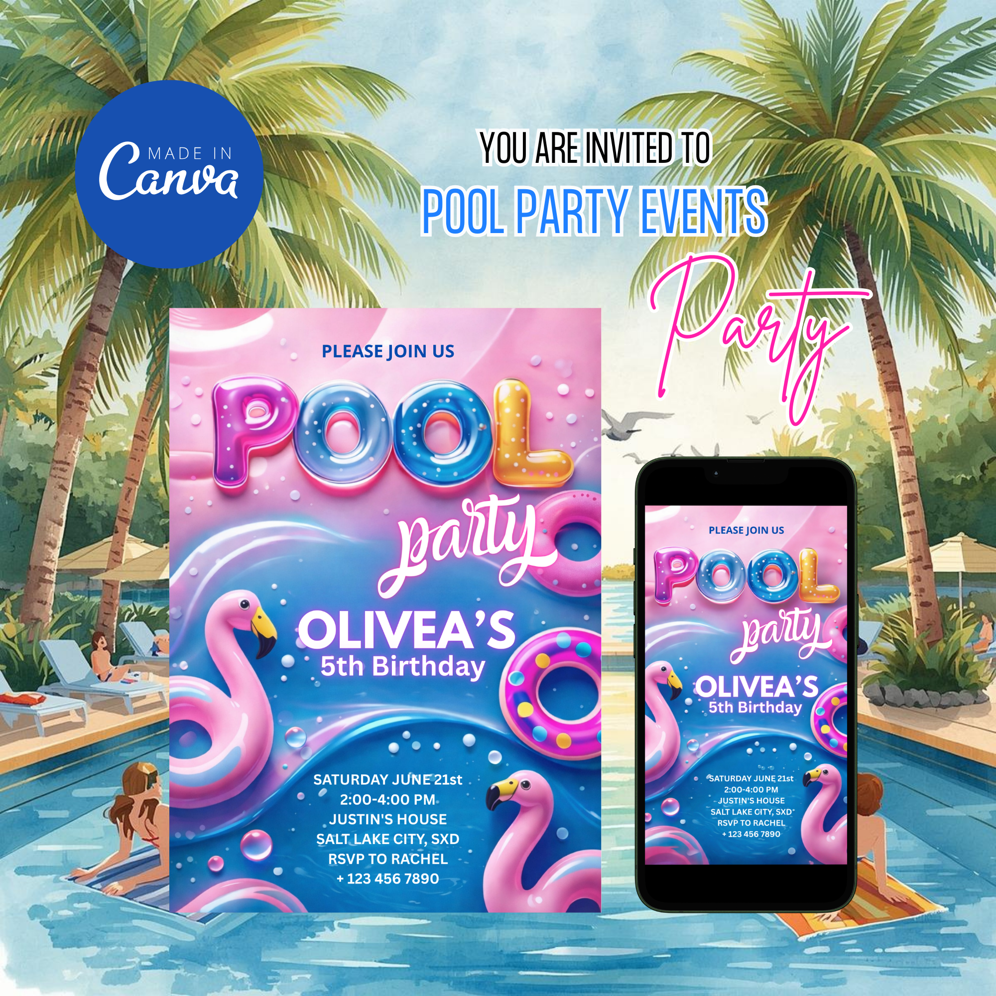 Kids summer Pool Party Invitation with bright aqua and yellow colors