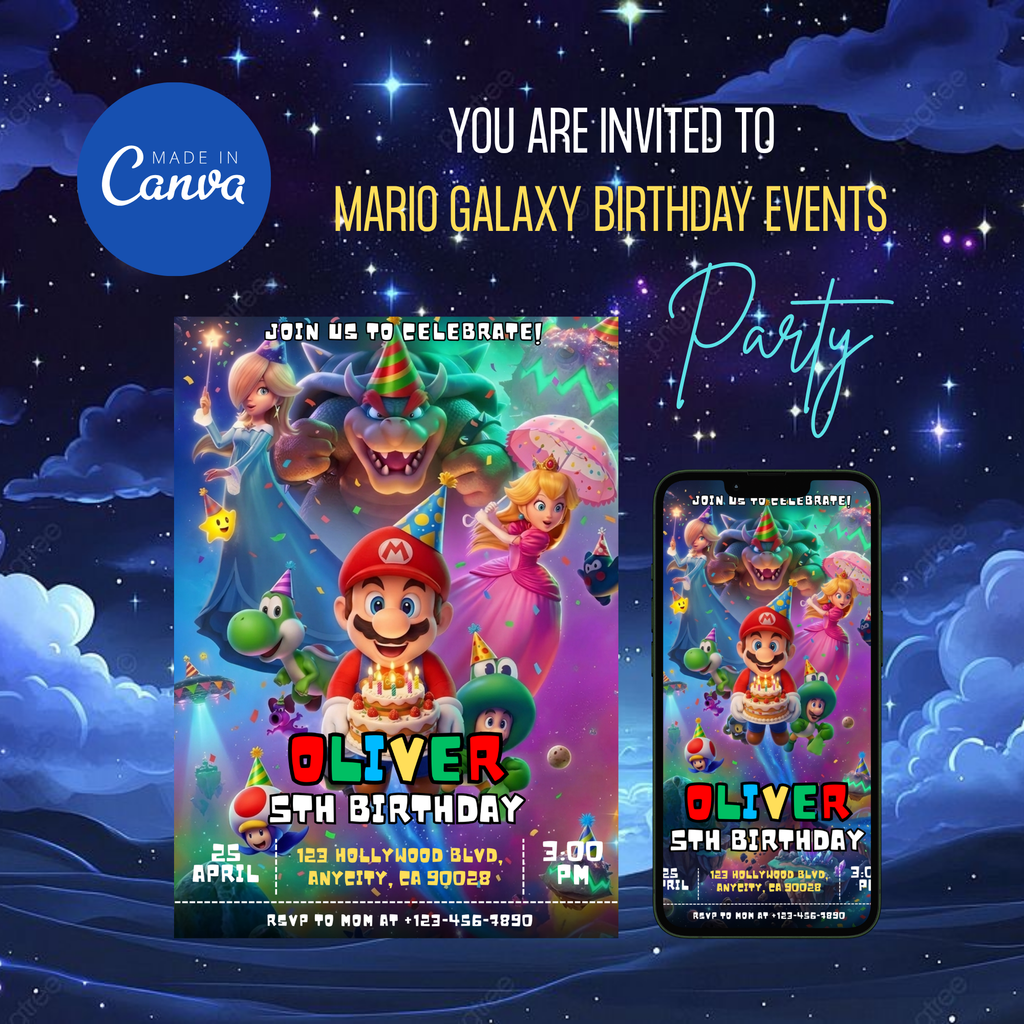 Super Mario galaxy themed birthday invitation for kids
