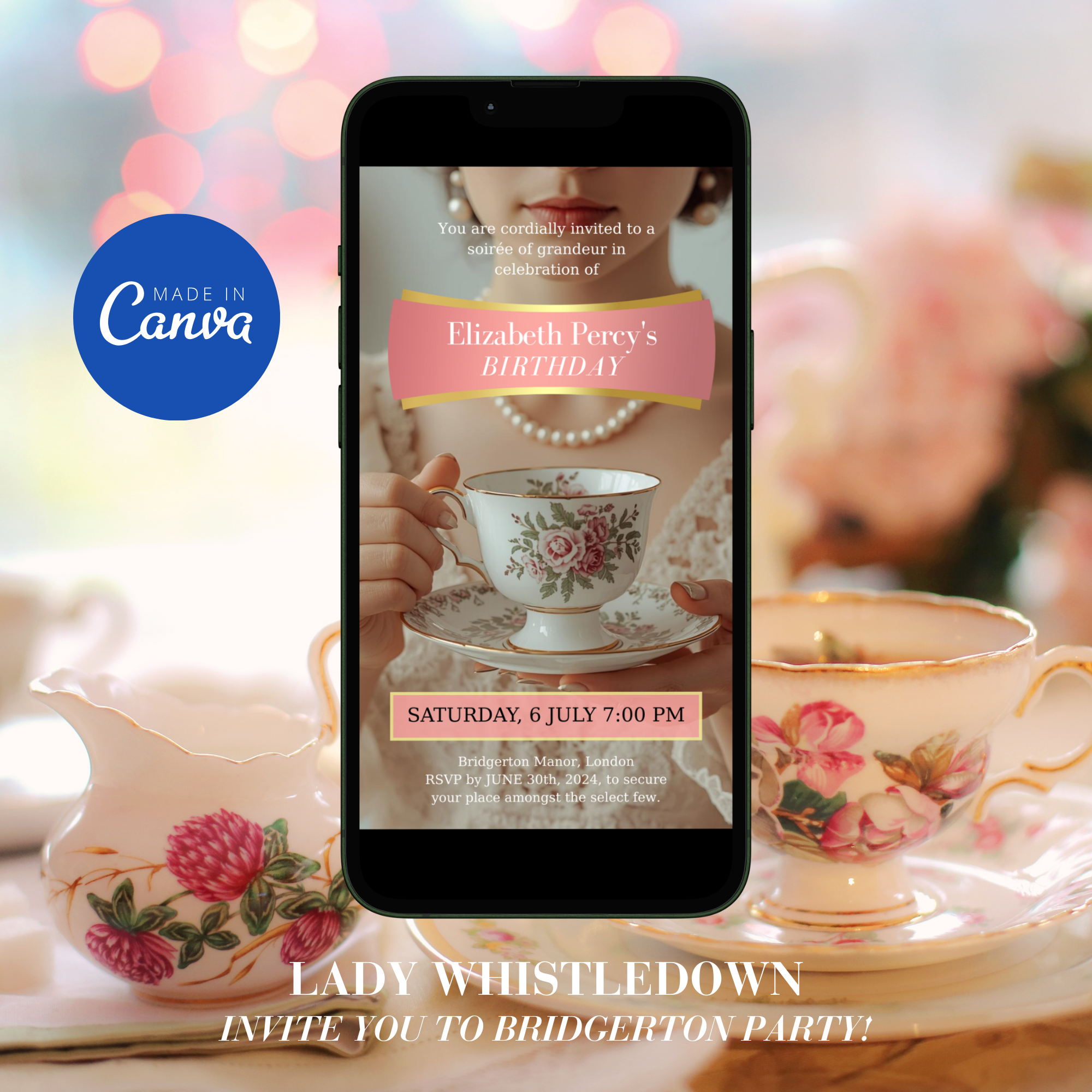 Regency-style Bridgerton party invitation with vintage typography