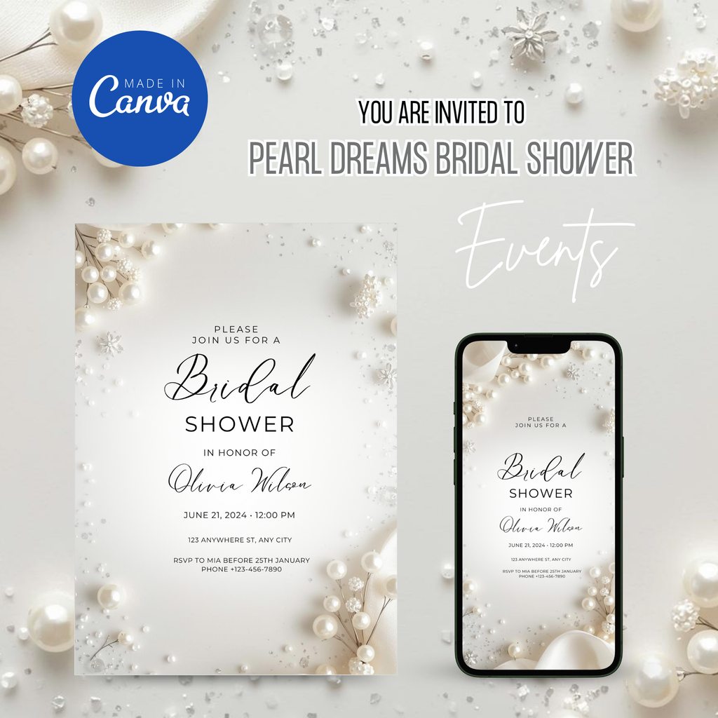 Pearl-themed bridal shower invitation in soft ivory tones