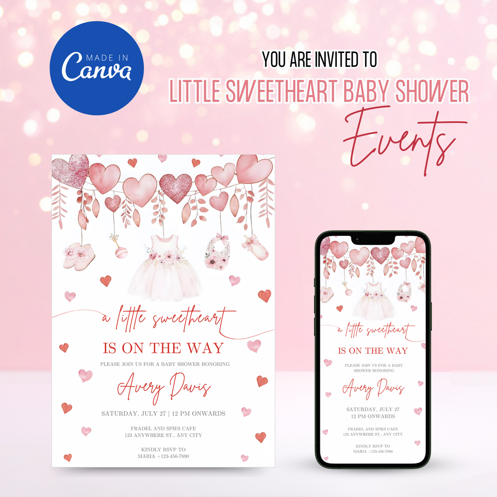 Little Sweetheart Baby Shower Invitation with pink heart design
