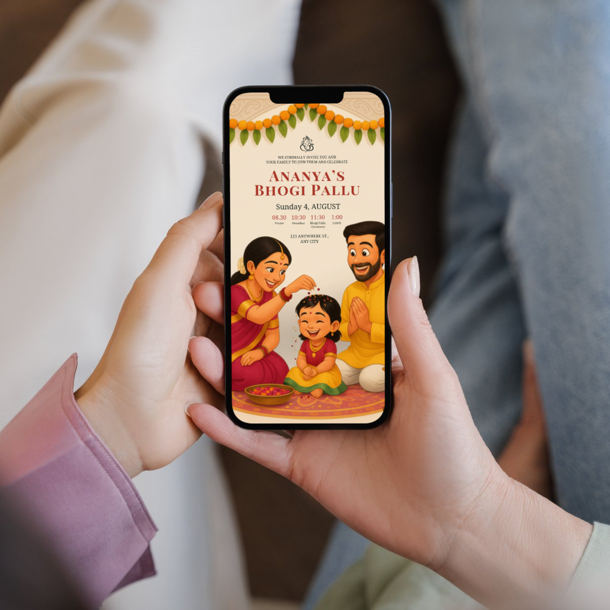 Bhogi Pallu invitation with traditional South Indian festive design