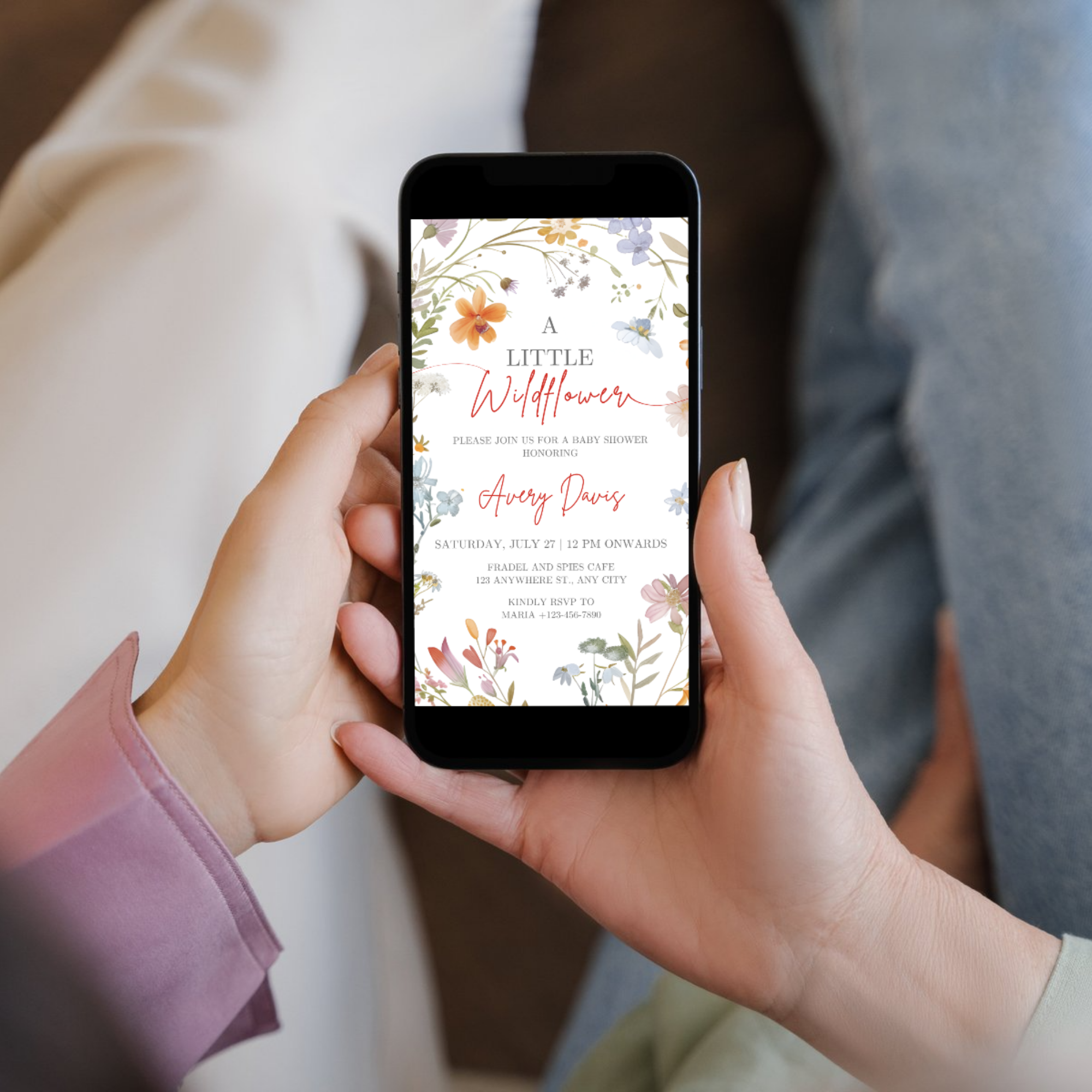 A Little Wildflower Baby Shower Invitation with soft watercolor flowers and greenery