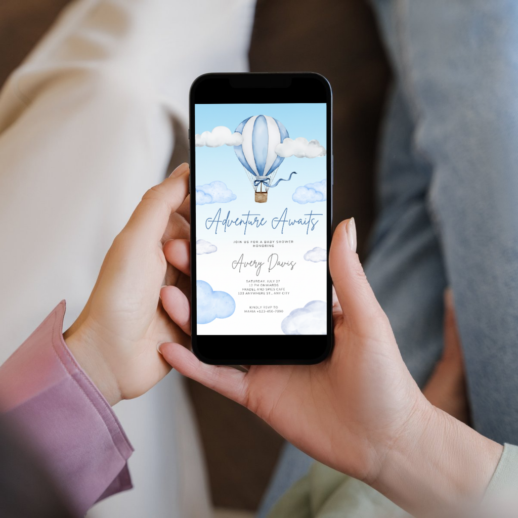 Adventure Awaits Baby Shower Invitation Air Balloon Up with pastel hot air balloons