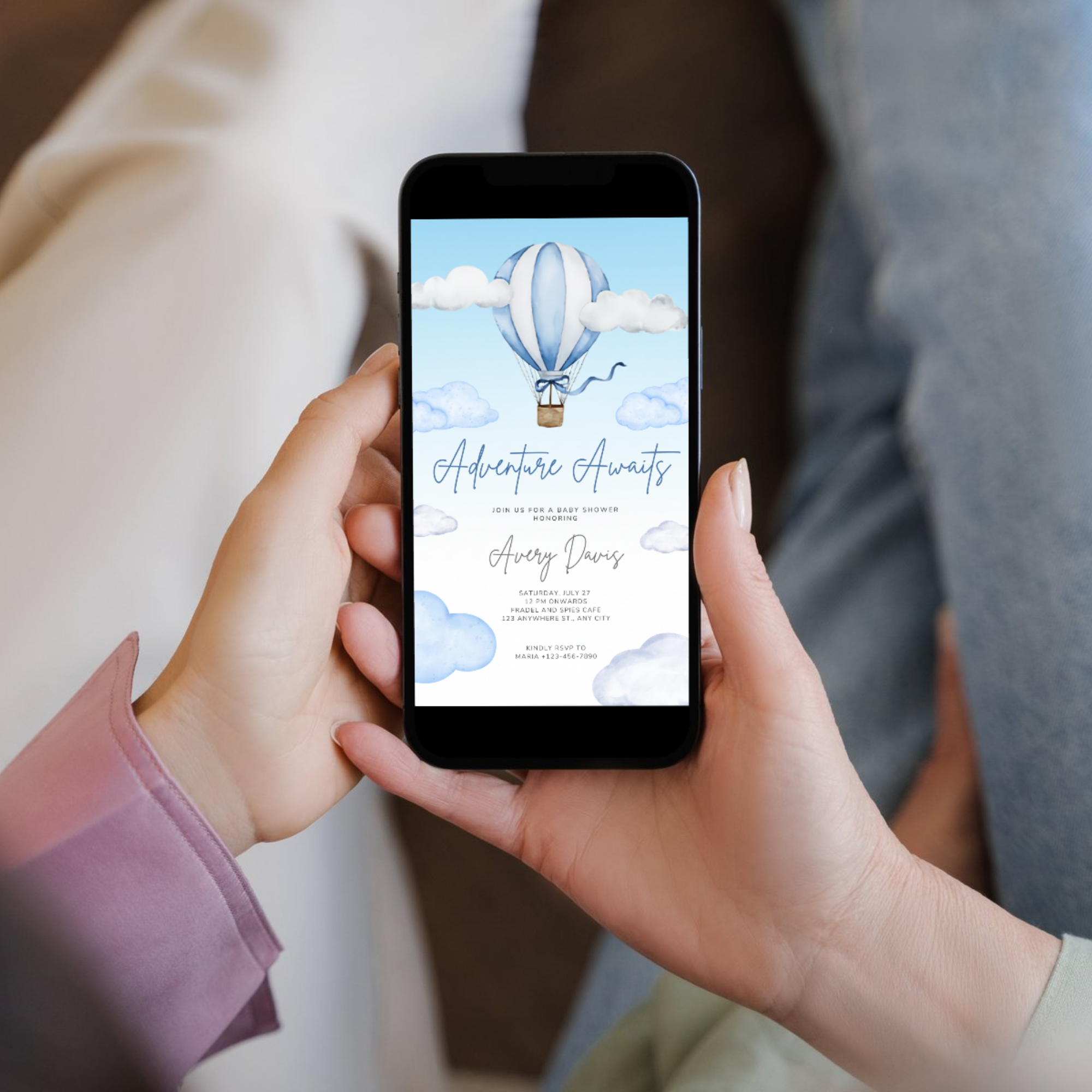 Adventure Awaits Baby Shower Invitation Air Balloon Up with pastel hot air balloons