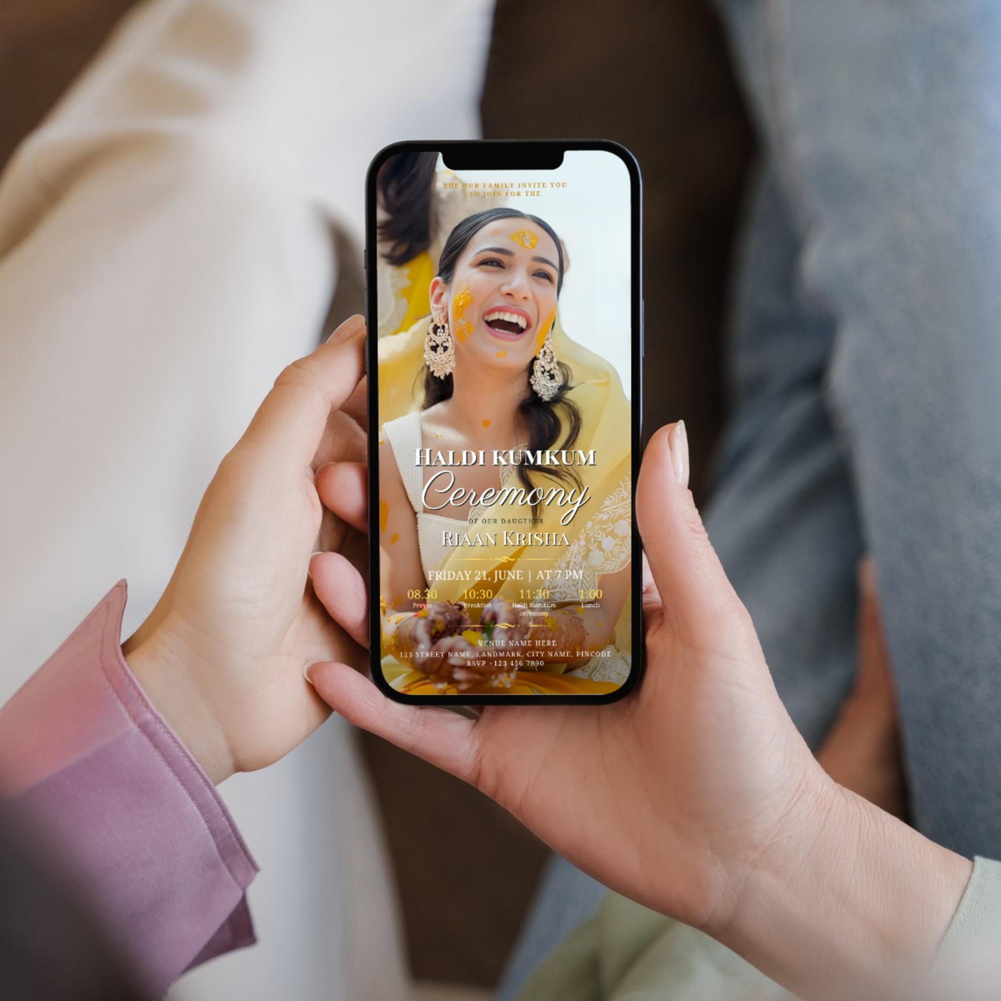 Traditional Haldi Kumkum Invitation with marigold and diya design