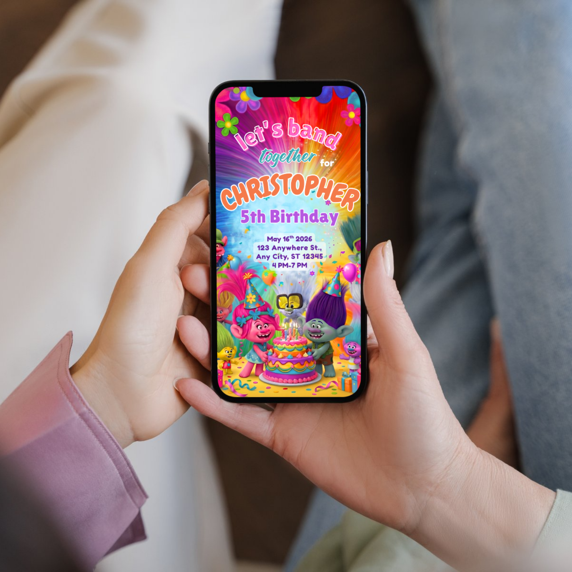 Trolls birthday invite with branch blue theme