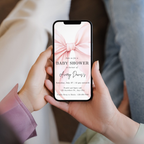 Blush Pink Bow Baby Shower Invitation Template with soft pink background and elegant bow design