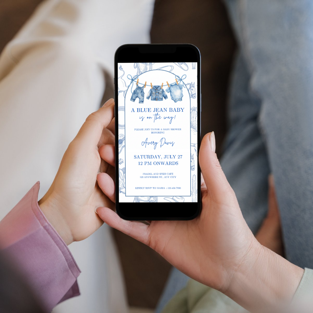 Blue Jean Baby Shower Invitation with denim texture and blue tones