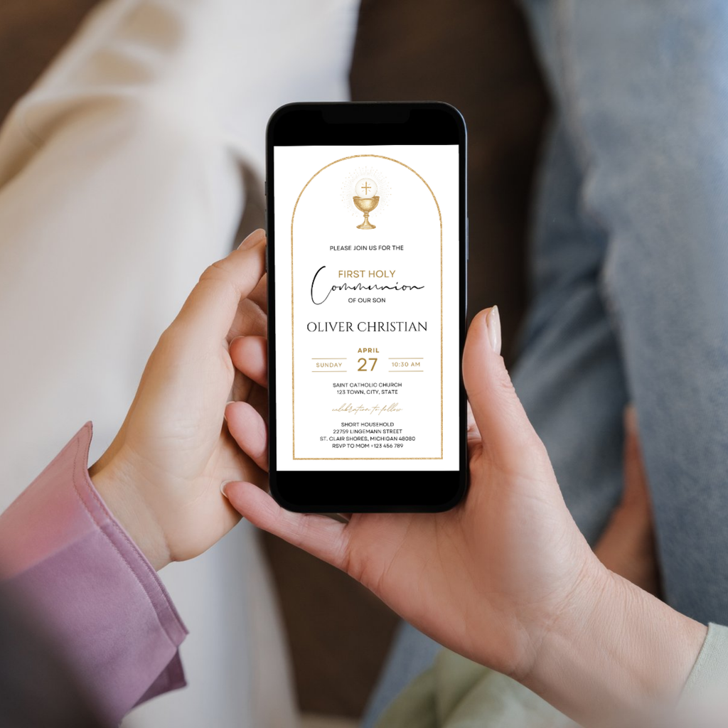 Elegant First Holy Communion invitation with soft neutral colors and religious design