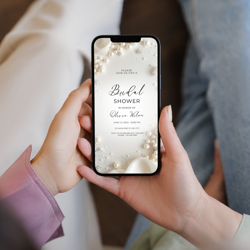 Neutral pearl bridal shower invitation with modern typography