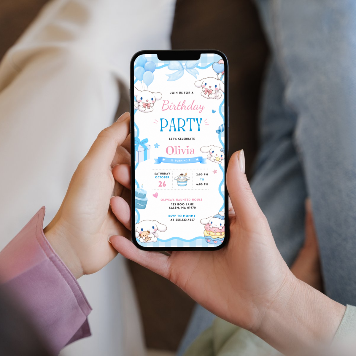 Cinnamoroll invitation template editable in Canva